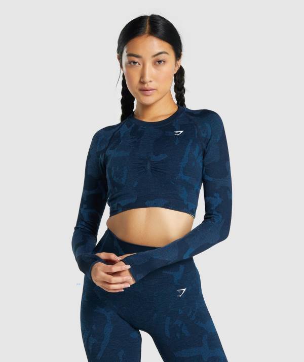 Damske Crop Top Gymshark Adapt Camo Seamless Long Sleeve Námornícka Modrá | FD4690257